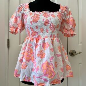 Vineyard Vines Smocked Floral Puff Sleeve Top Pink Orange Size S